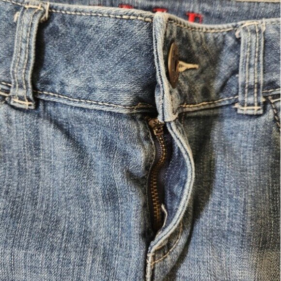 Elle Womens Stretch Blue Denim Mini Skirt Distressed Gold Sequin Detail - Picture 8 of 9